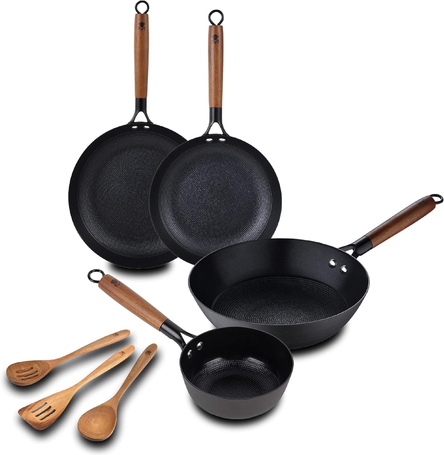 MasterPro ODIN - Kit de cozinha: 3 utensílios - frigideira 28 cm - Wok 24 cm - frigideira 24 cm - Caço 16 cm - Revestimento cerâmico anti-aderente - Manga de Acácia - Apto todas as cozinhas - livre de
