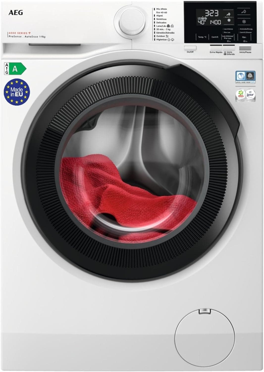 AEG LFR6194O4Q Máquina de lavar roupa de carga frontal 9 kg, 1200 rpm, série 6000, instalação gratuita, função de vapor, gavetas cápsulas PODS, motor Invert, programa rápido, Wifi, branco/preto, classe A, Fronte