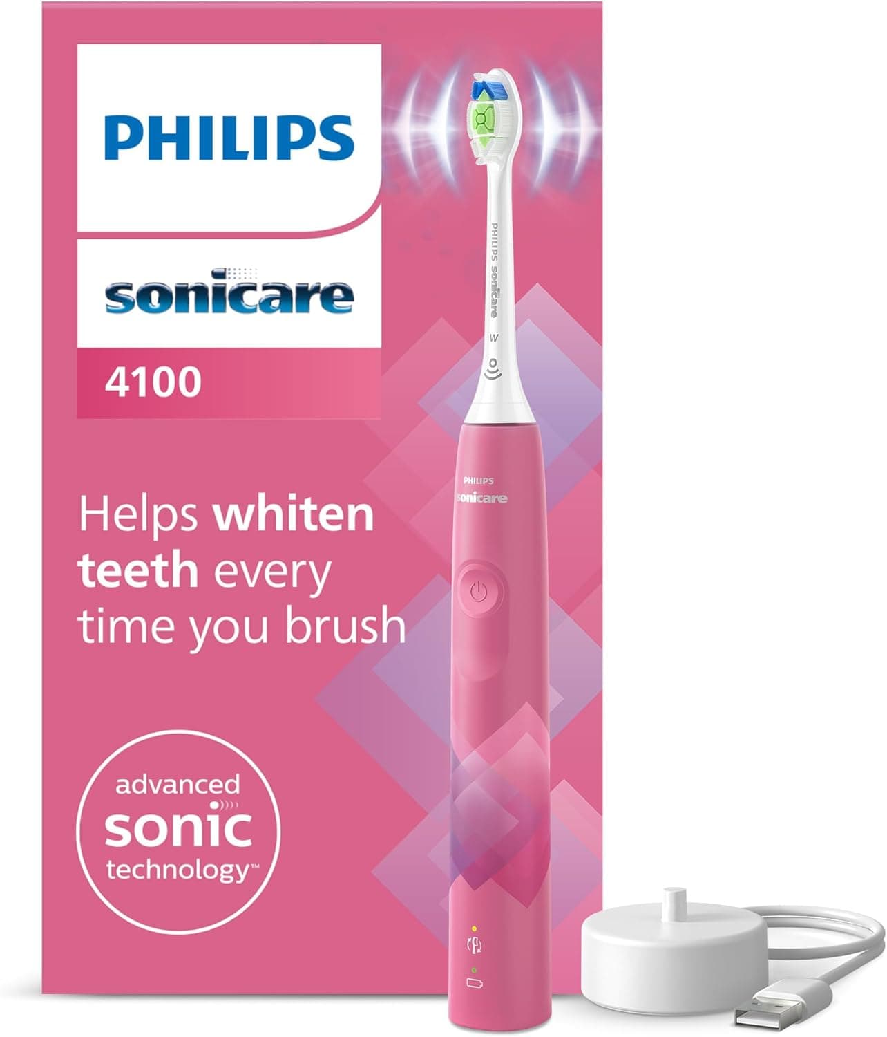 Philips Sonicare 4100, escova de dentes elétrica, escova de dentes sónica com dois modos, sensor de pressão e temporizador, rosa paraíso binástico, modelo HX3689/41