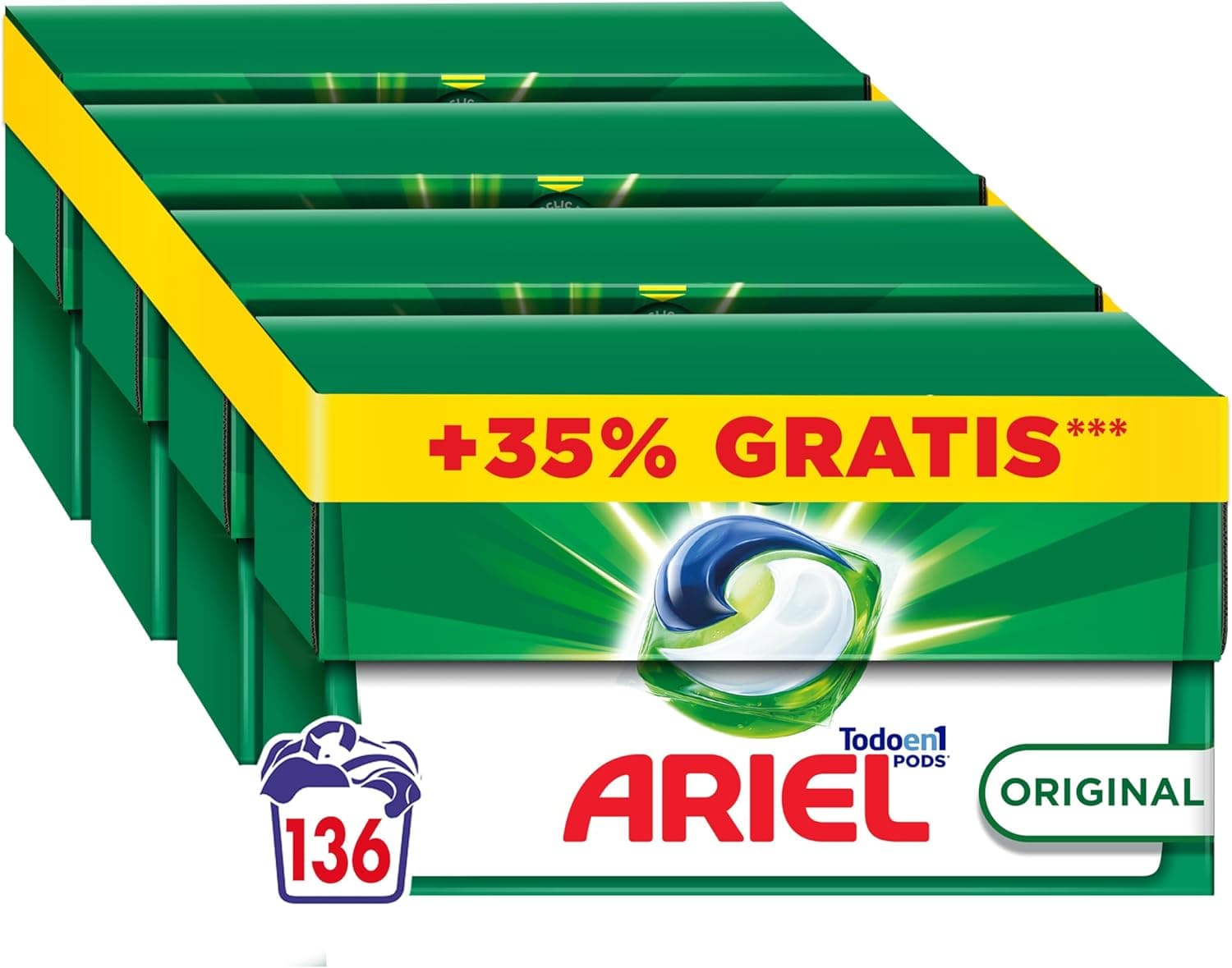 ARIEL PODS Tudo em 1 detergente máquina de lavar líquido em cápsulas/comprimidos, 136 lavagens 4 x (25 9), 5 ações de sabão para limpeza brilhante a frio, a embalagem pode variar