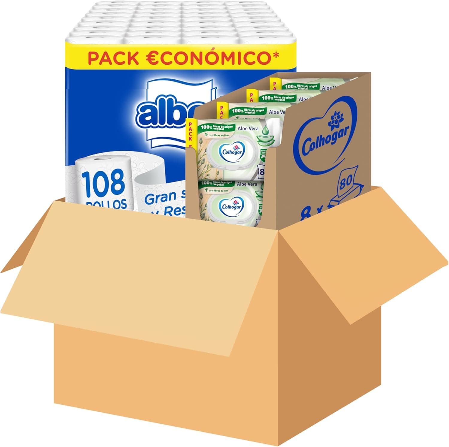 Papel Higiénico húmido Aloe Moist 8x80 (640 unidades) + Albor 108 Rolos de Papel Higiénico Macio Dupla Camada 100% Sem Perfume