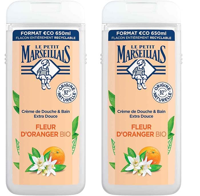 Le Petit Marseillais Gel de duche corporal extra macio, flor de Azahar BIO, hidratação e nutrição para pele sensível, com ingredientes naturais e recipiente reciclável e recarregável, 650 ml x 2