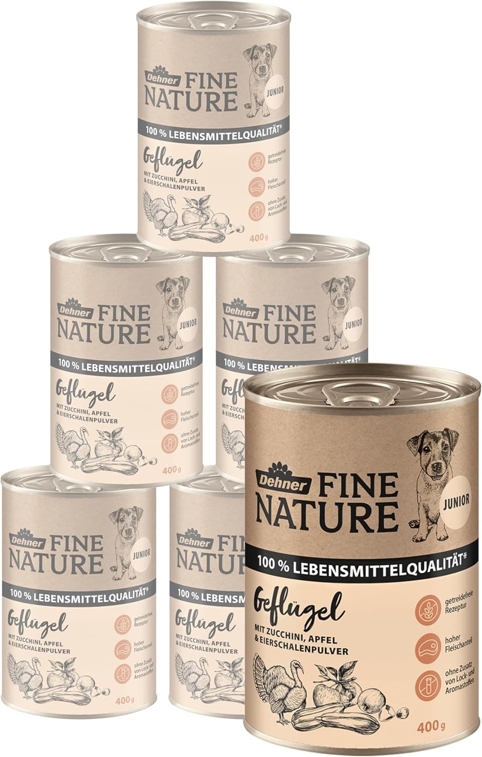 Dehner Fine Nature - Ração úmida de qualidade alimentar para cães filhotes e jovens, aves, 6 latas de 400 g (2,4 kg) 