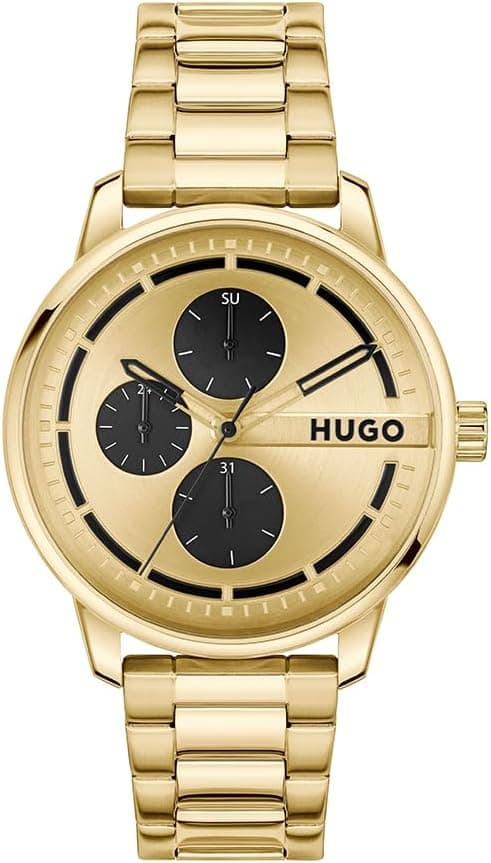 HUGO Relógio Analógico Multifunções de Quartzo para Homem – Coleção #Stamp Multi, Dourado com Submostradores Pretos, Bracelete em Aço Inoxidável