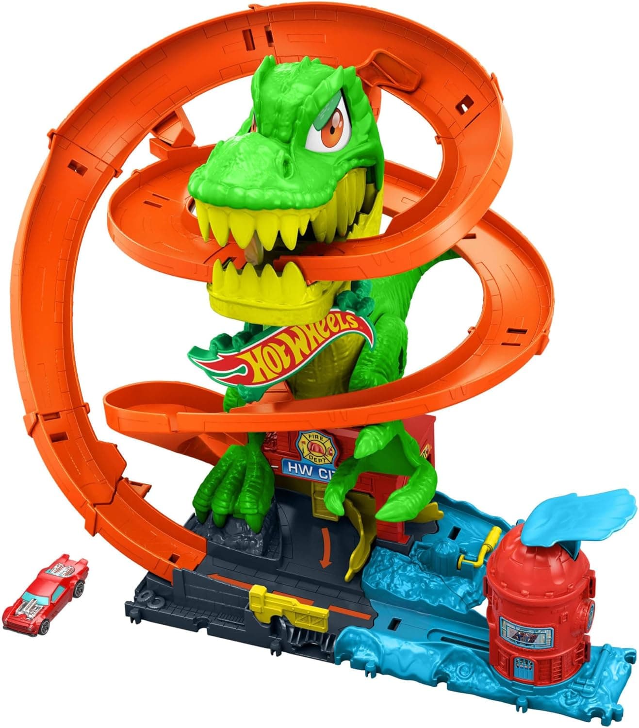 Hot Wheels Conjunto de pista de batalha em chamas T-Rex, conjunto de jogo com pista e camião de bombeiros metálico de brinquedo em escala 1:64, 45,72 cm de altura, resultados de corrida diferentes