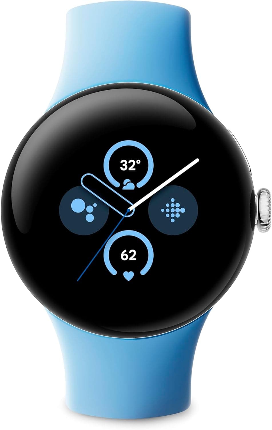 Google Pixel Watch 2 com Fitbit e Google - Controlo da frequência cardíaca, gestão do stress e segurança. Smartwatch Android - caixa de alumínio em tom prateado, correia desportiva em celestial, Wi-Fi