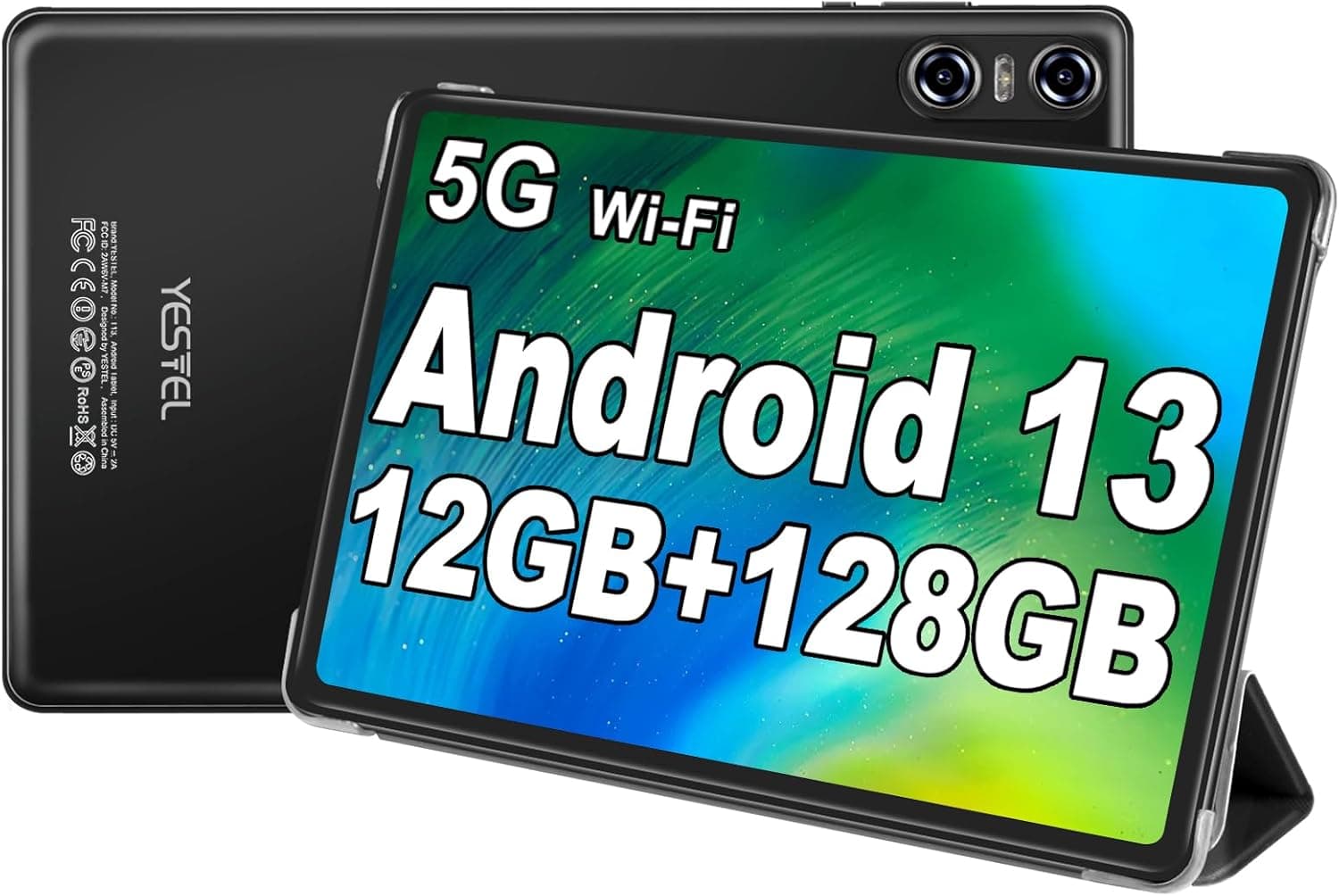YESTEL Tablet de 10 polegadas Android 13 com 12 GB RAM 128 GB ROM (1TB TF), GPS, 5G+2,4 G Wi-Fi, 2,0 GHz, BT 5.0, 5 MP + 8 MP, tablet com capa, preto