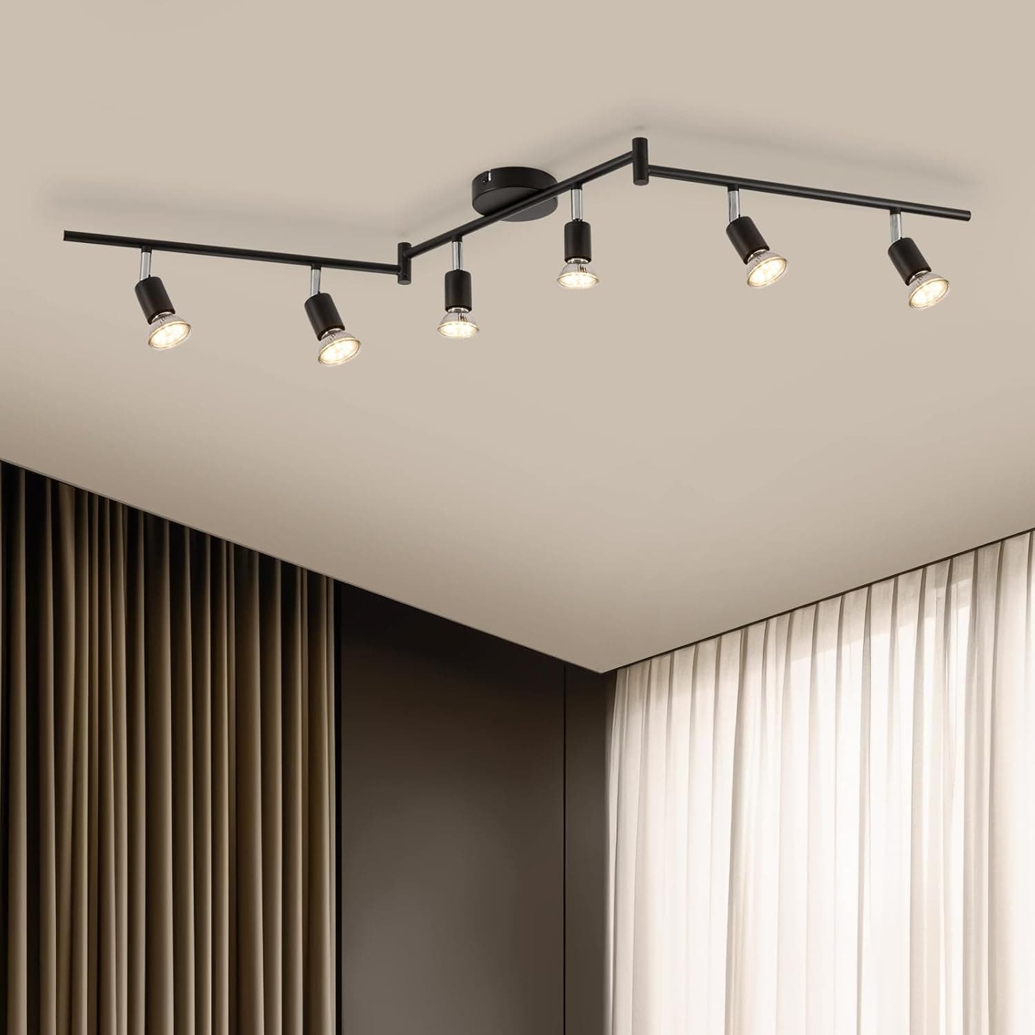 Bojim Candeeiros de teto LED orientáveis, luz de teto com barra giratória, holofote de teto com 6 x 6 W lâmpadas GU10 branco quente 2700 K, preto fosco LED com padrão de 220 V para quarto, salas