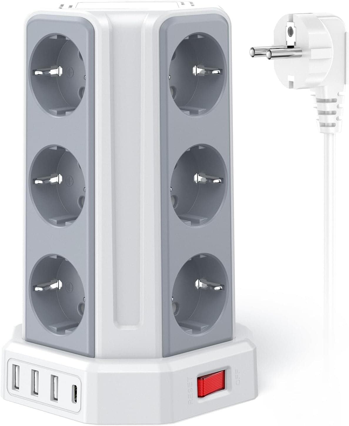 Torre com tomadas tomadas com cabo 5 m, tomada USB de 12 tomadas de AC de corrente e 4 USB, 4000 W/16 A, presentes verticais com interruptor para mesa, oficia, casa branca
