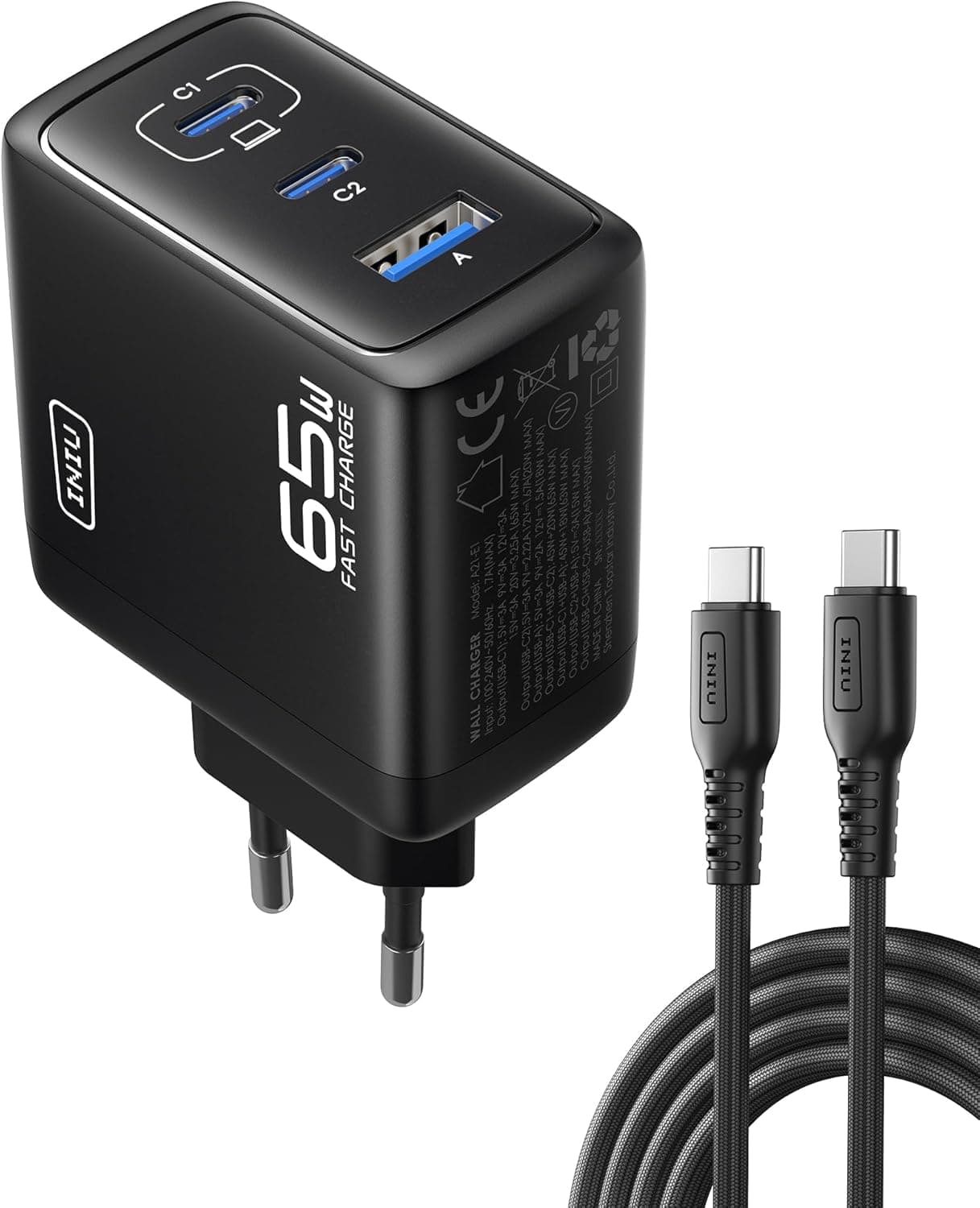 INIU Carregador USB C de 65 W, [USB-Cx2 + USB-A] GaN Tech 3 portas USBC tomada carregador de carregamento rápido, adaptador de parede rápido PD para iPhone 16 15, iPad Pro, MacBook Air, Samsung 24/P