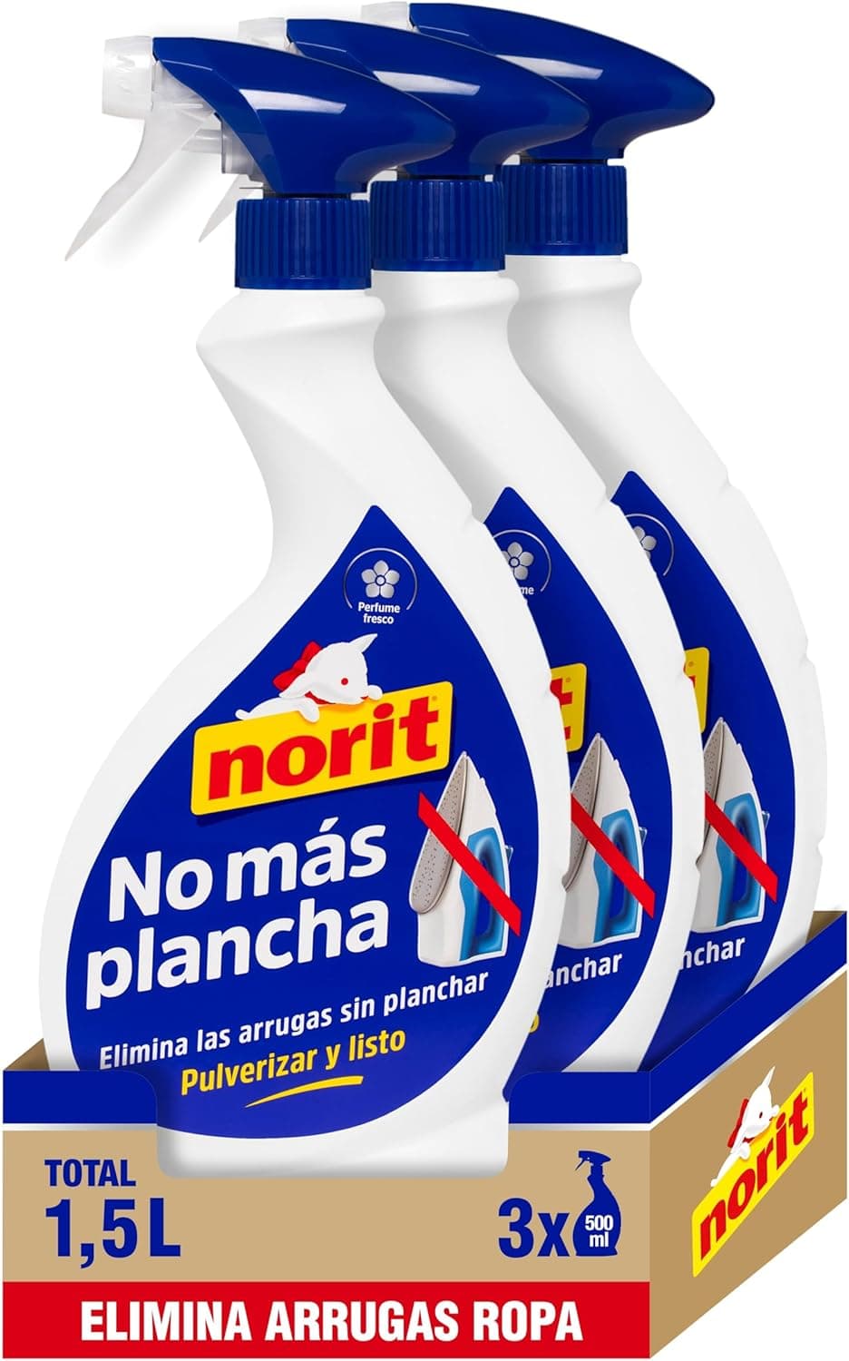 Norit - Chega de passar a ferro, spray anti-rugas, elimina rugas sem necessidade de passar a ferro, aroma fresco, adequado para todas as roupas, fórmula respeitosa, 3 x 500 ml