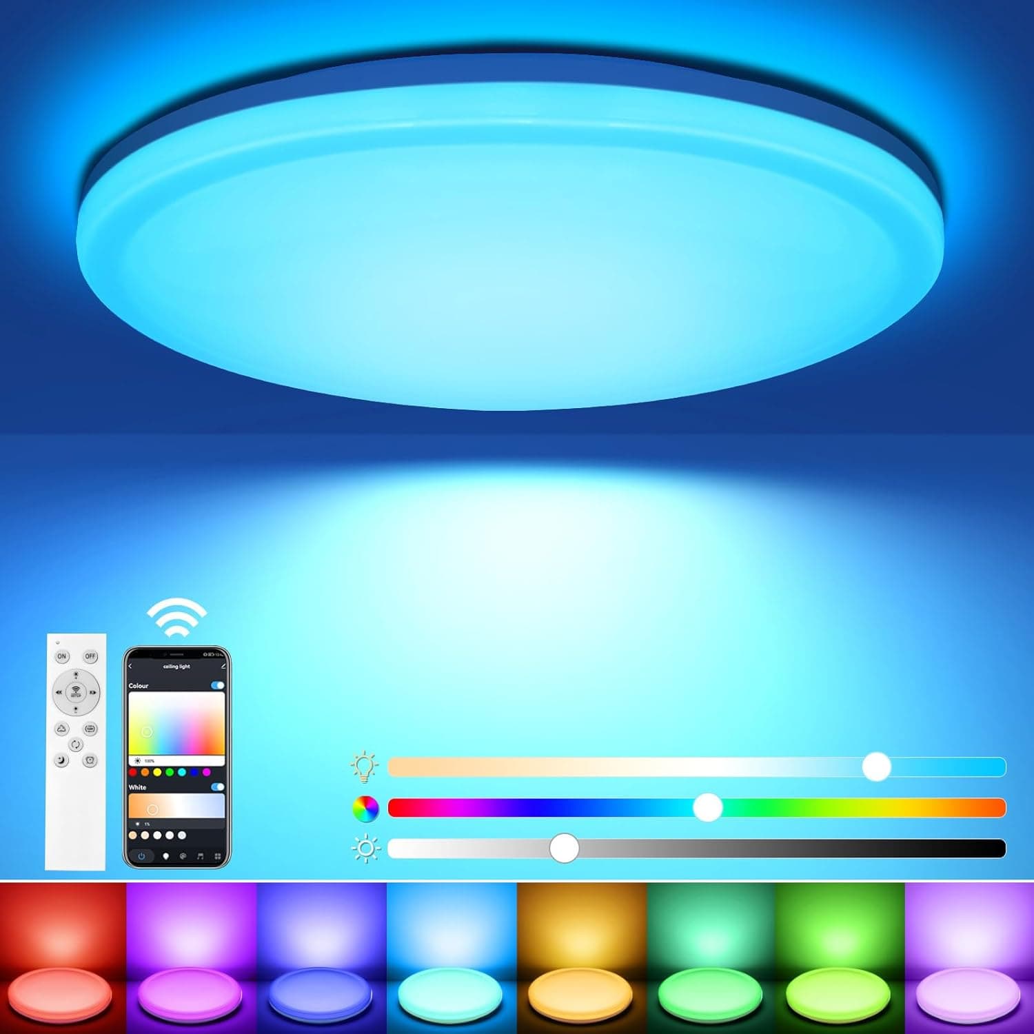 EASY EAGLE Candeeiro LED teto, candeeiro de teto RGB com controlo remoto e APP de controlo, luz regulável para sala de estar quarto casa de banho, Ø 30 cm 36 W 