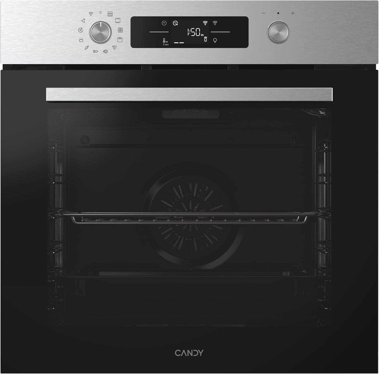 Candy C-Bake 600 CA6 NP5B3YTX, Forno multifunções, pirolítico-hidrólítico, 78L, WIFI, 3300W, 2 bandejas + 1 grelha, convecção + ventoinha, 12 funções, comandos push&pull, push, push. Porta 4 C Vidros