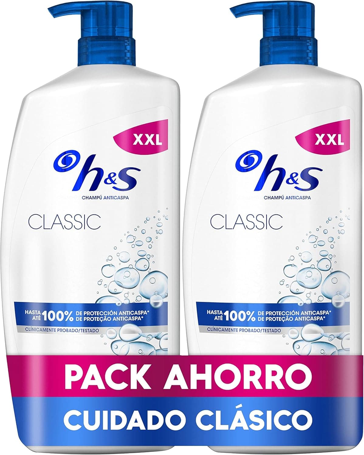 H&S Classic champô anti-caspa 2 x 1000 ml com dispensador para uso diário. Até 100% de proteção anti-caspa, testada clinicamente. Para todos os tipos de cabelo e couro cabeludo. Sensação de frescor,