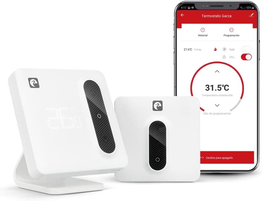 Garza Smart - Termostato Wi-Fi inteligente para caldeira e aquecimento, com adaptador, medidor de consumo, controlo tátil, detecção de janelas abertas, controlo de aplicativos e voz, Alexa/Google,
