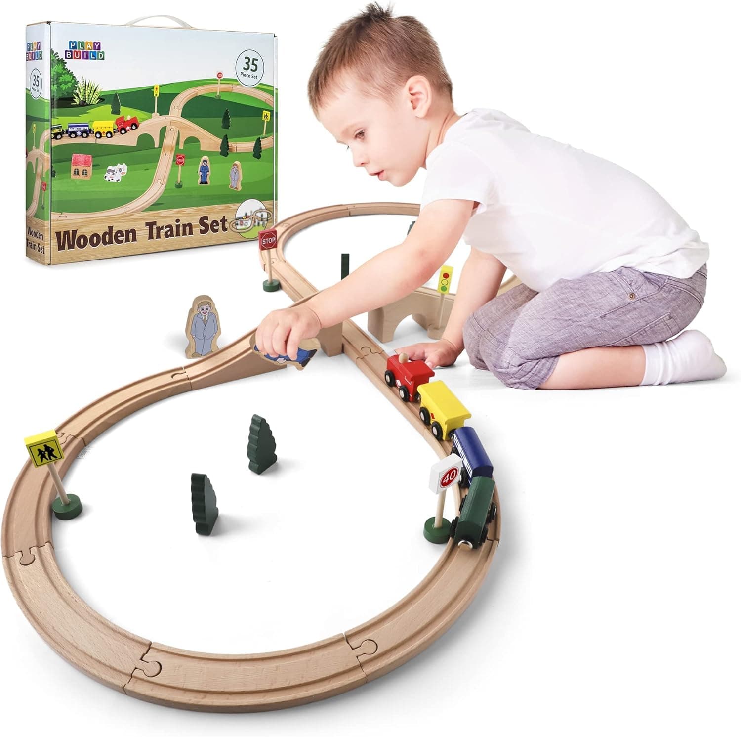 Conjunto de comboio de madeira para brincar e construir, conjunto completo de trem para crianças, conjunto interativo de jogo e aprendizagem, design criativo de trilhos de trem de madeira (35 peças)