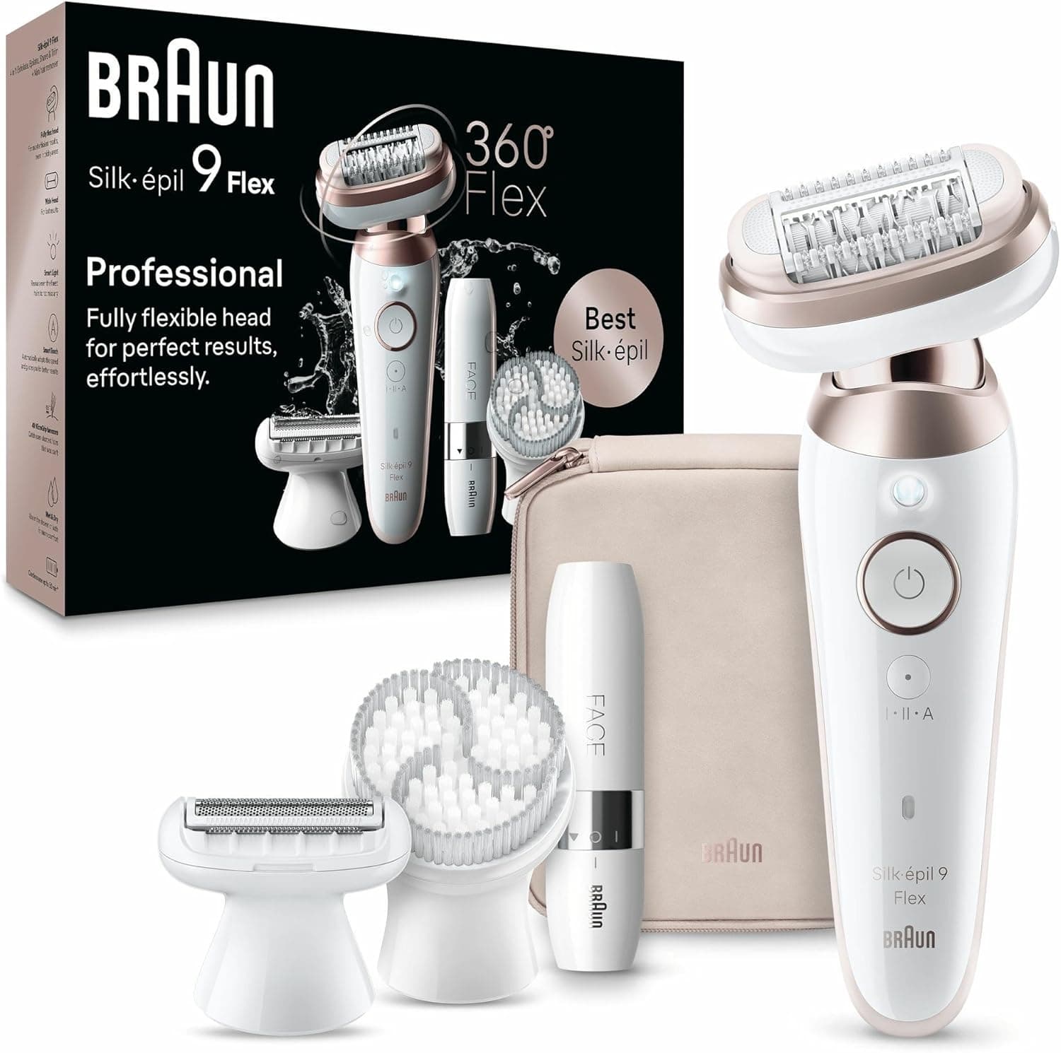 Braun Silk-épil 9 Flex Depiladora facial para mulher com cabeça flexível de 360 ° para depilação fácil, húmida e seca, depiladora com capuz aparador