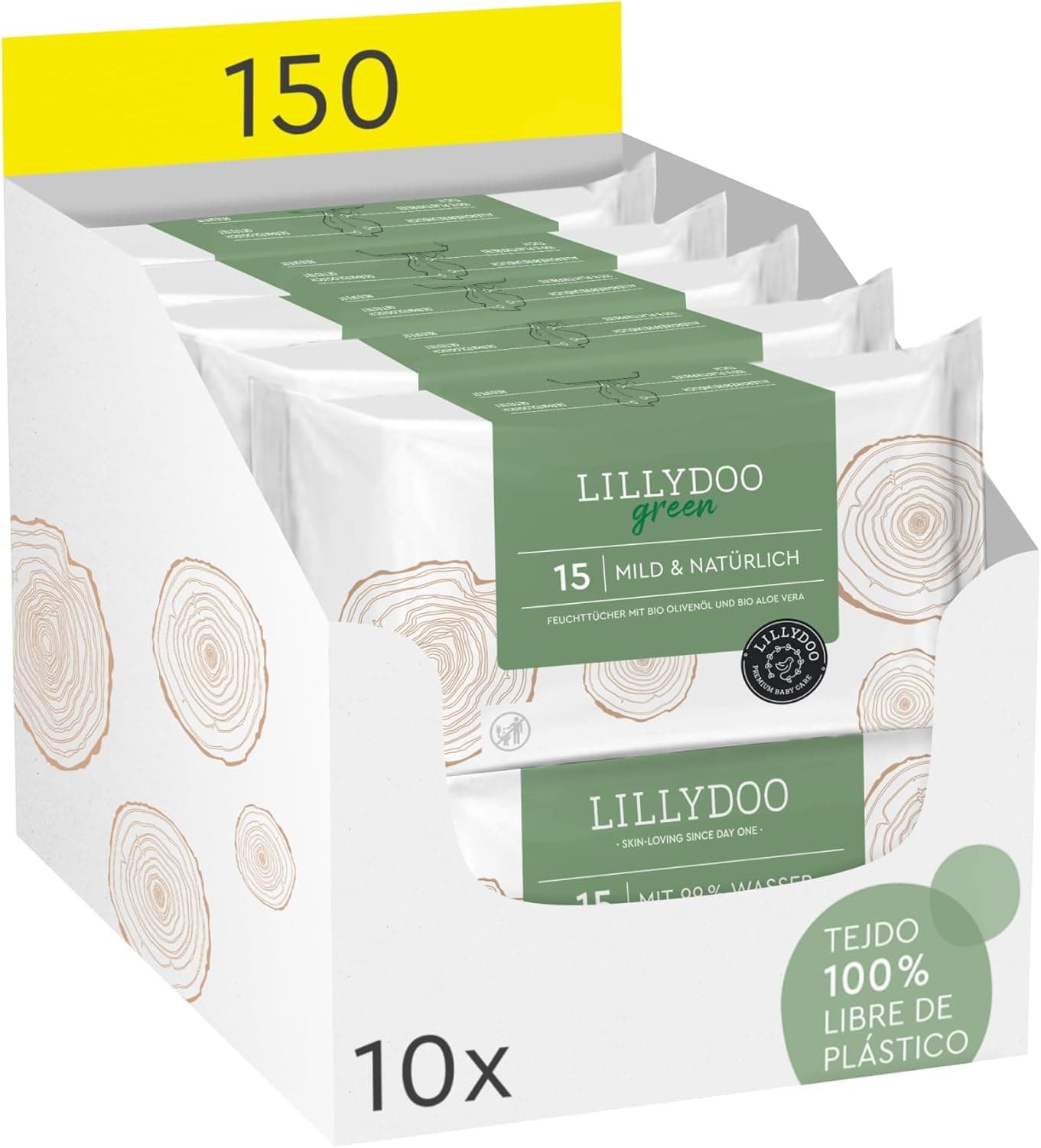 Toalhetes húmidos naturais LILLYDOO green, 10 embalagens de 15 (150 unidades), 100% tecido sem plásticos e sem fragrâncias