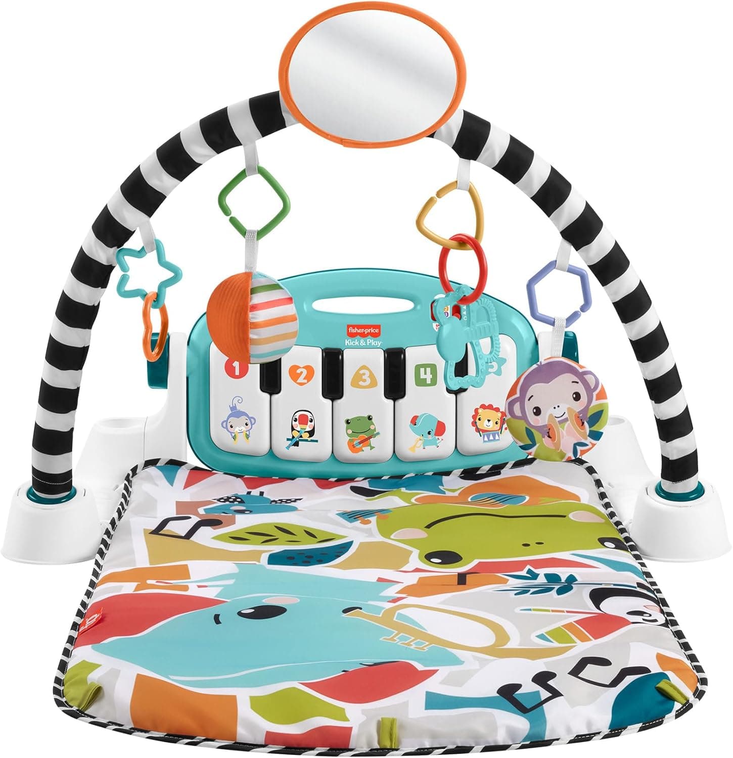 Fisher-Price Glow & Grow Chapéus de ginásio piano e piano, tapete de brincar com animais e acessórios de aprendizagem com luzes e sons, versão castelhana, presente de brinquedo para bebés