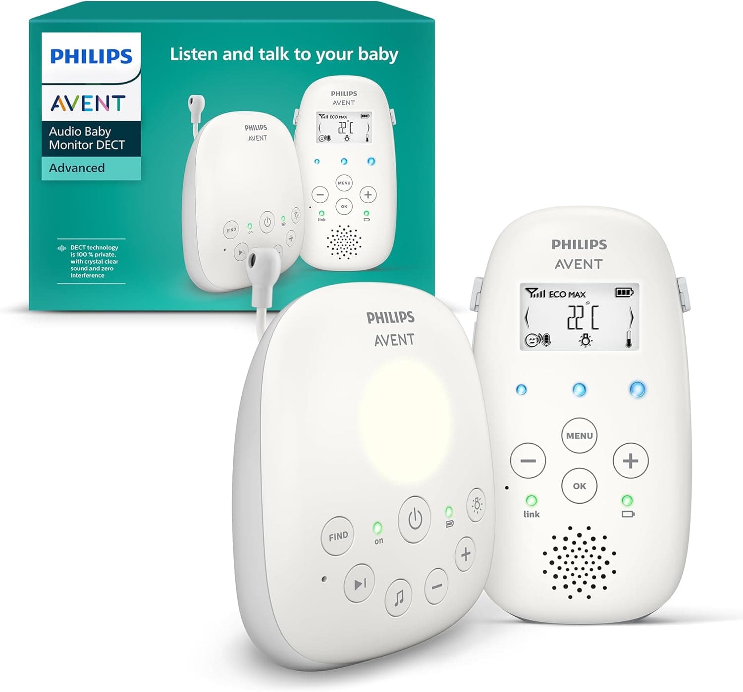 Philips Avent Monitor de bebé com áudio DECT com luz noturna e canções de berço, intercomunicador bidirecional, alcance de 330 m e utilização de 18 horas, conexão segura, sensor de temperatura,