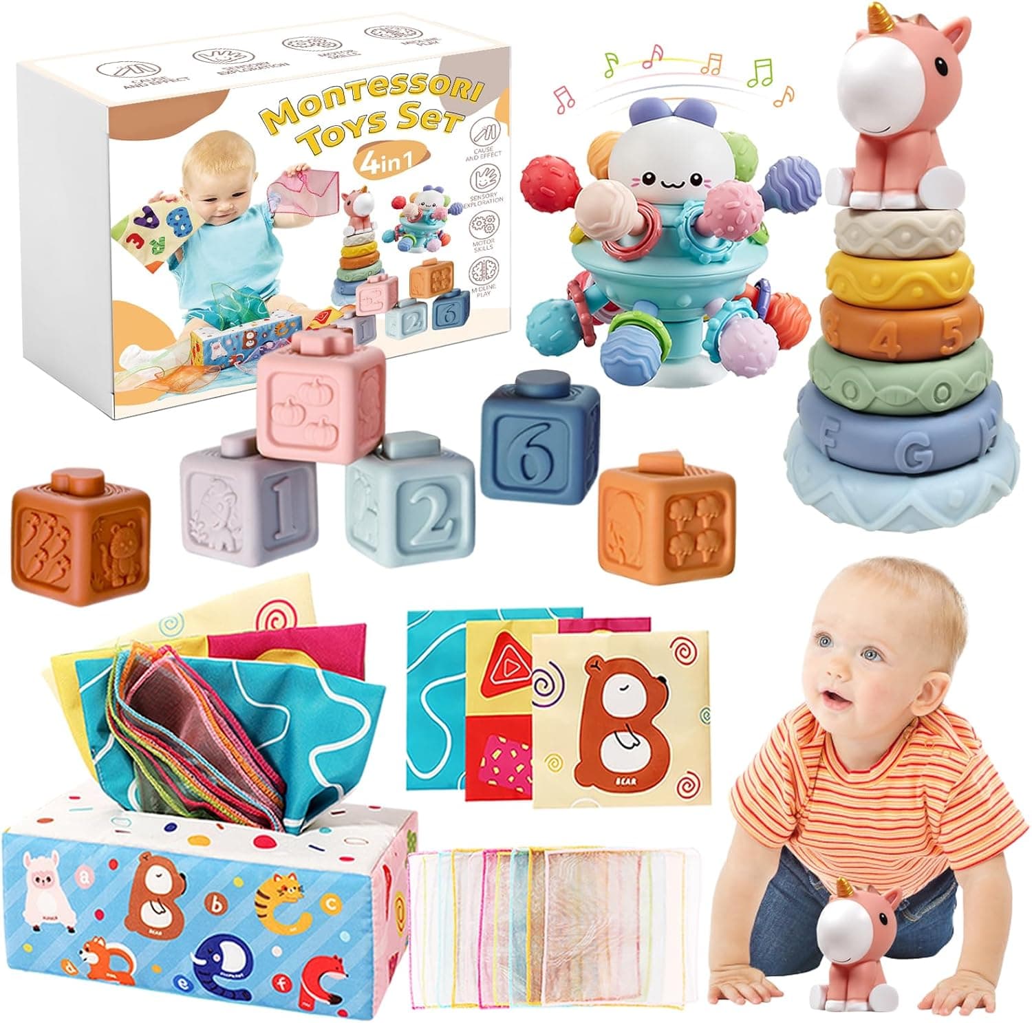 Montessori Brinquedos sensoriais de empilhar e encaixar para bebés