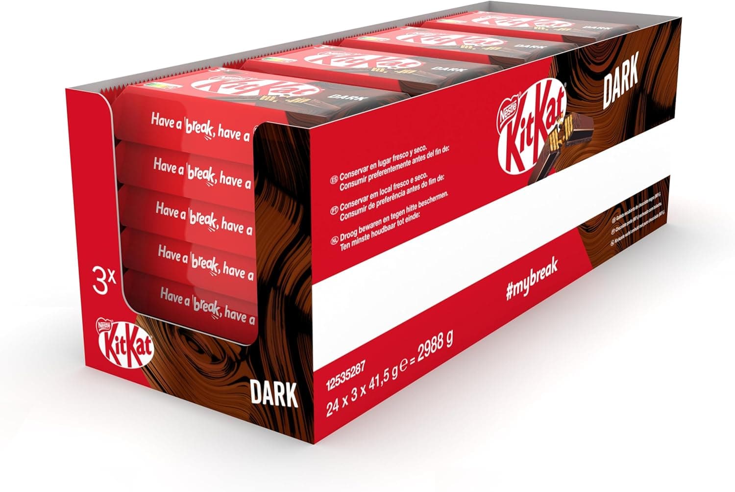 Kit Kat NESTLÉ Barrinhas de chocolate preto, pacote de 24 unidades (3 x 41,5 g)