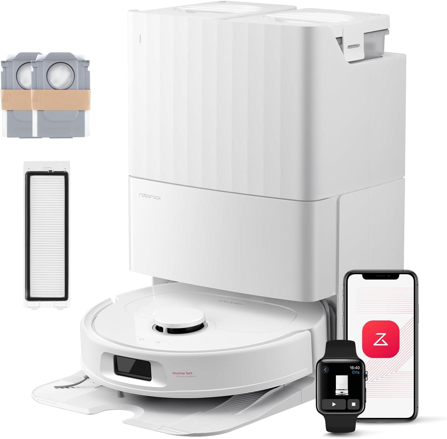 roborock QV 35S Set Robot Aspirador, sucção HyperForce de 10000 Pa com base multifuncional, escovas duplas anti-embaraços, 2 copas giratórias elevação automática de 10 mm, limpar e secar carro, branco