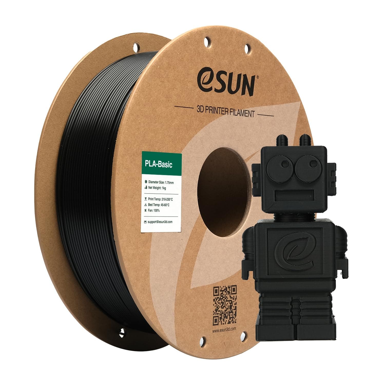 eSUN PLA Basic | Filamento 3D 1,75 mm preto com precisão dimensional de 0,05 mm, bobina de 1 kg