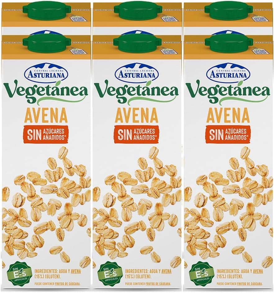 Central Lechera Asturiana - Vegetânea bebida de aveia sem açúcar adicionado, conjunto de 6 briks de 1 litro com tampa de rosca, 6 x 1 l, 6000 mililitros