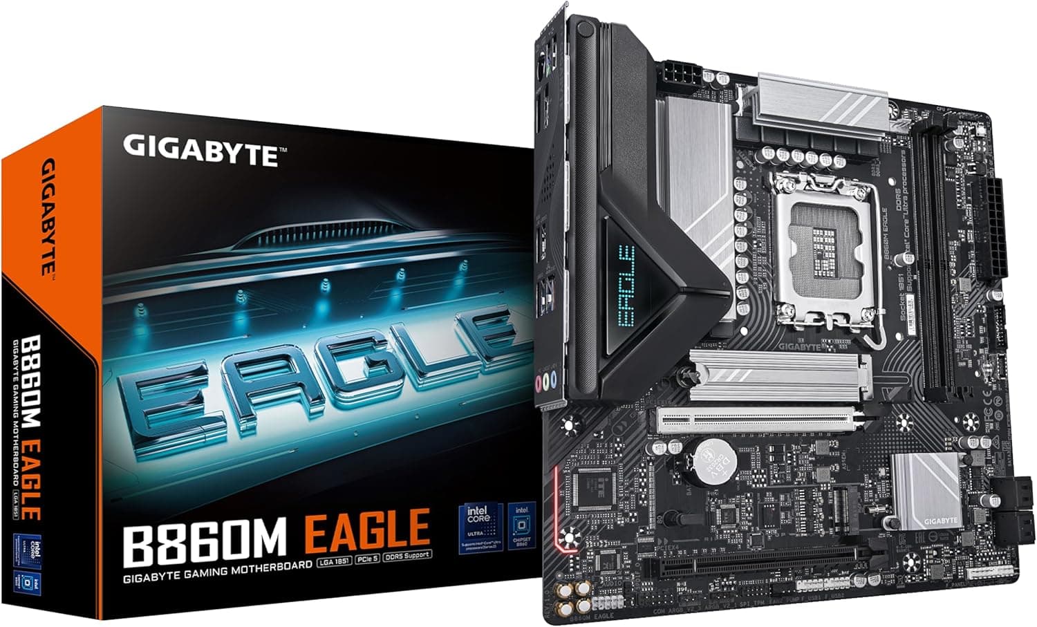 GIGABYTE B860M Eagle Placa base - CPUs Intel Core Ultra, VRM de 6 + 1 2 Fases, até 9066 MHz DDR5, 1 x PCIe 5.0 + 1 x PCIe 4,0 M.2, LAN 2,5 GbE, USB 3.2 GbE, USB 3.2 GbE, USB 3.2 GbE. Em 1