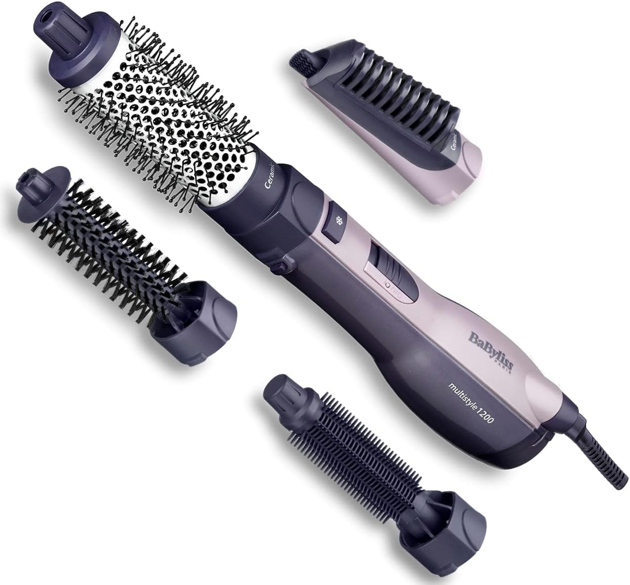 BaByliss Escova de ar quente multiestilo AS121E, iónico de 1200 watts, 4 acessórios