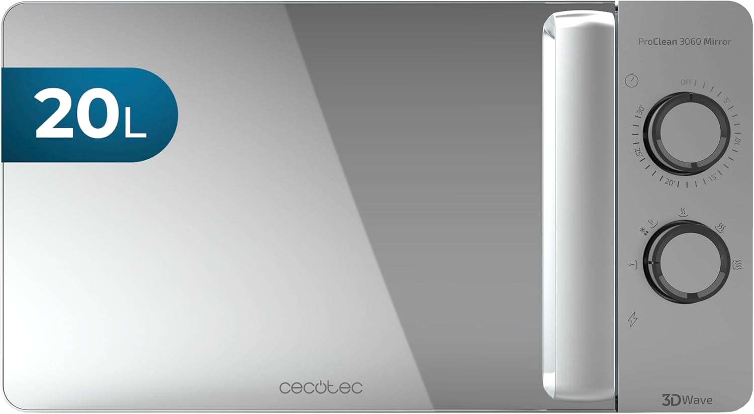 Micro-ondas Cecotec ProClean 3060 Mirror com revestimento Ready2Clean para melhor limpeza, tecnologia 3DWave, 700 W, 20 l, cor prata