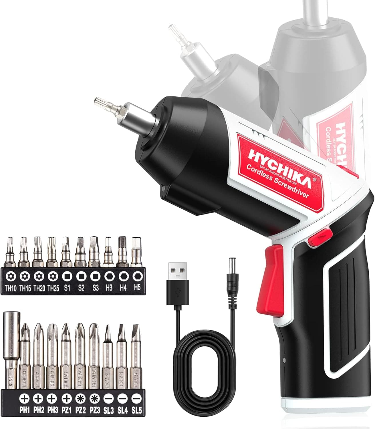 Chave de fenda elétrica, HYCHIKA 6 Nm bateria 3,6 V 2,0 Ah, luz LED, carregamento cabo USB, 20 acessórios, para reparações em casa