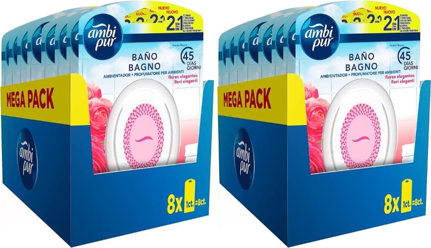Ambipur Ambientador casa para casa de banho (8 x 45 dias), elimina e evita odores ruins, fragrância flores elegantes, mega pack