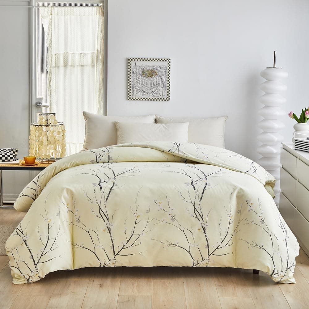 Freyamy - Capa de edredão de 140 x 200 cm, bege e flores, conjunto de capa de edredão com fecho de correr, conjunto de capa de edredão de microfibra, 65 x 65 cm, capa de edredão estampada
