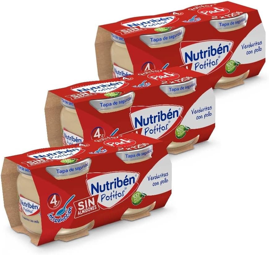 Nutribén Potinhos de introdução ao frango com ervilhas e cenouras, a partir dos 4 meses, pack 6 x 120 g.