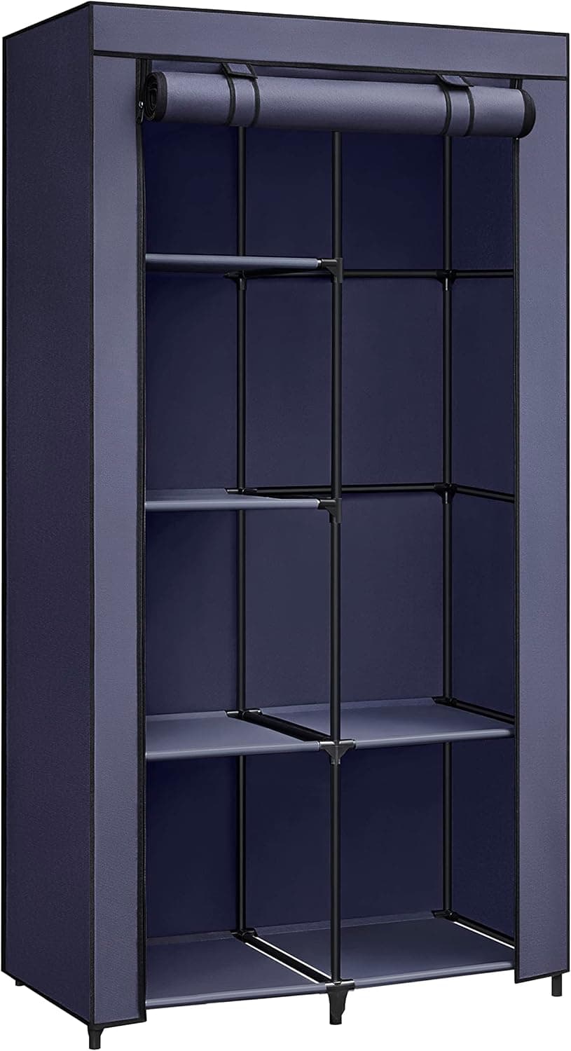 SONGMICS Armário de tecido, armário de roupa, com 1 barra de suspensão, 6 prateleiras, tecido não tecido, moldura de metal, 45 x 88 x 168 cm, para quarto, corredor, azul escuro RYG084I02