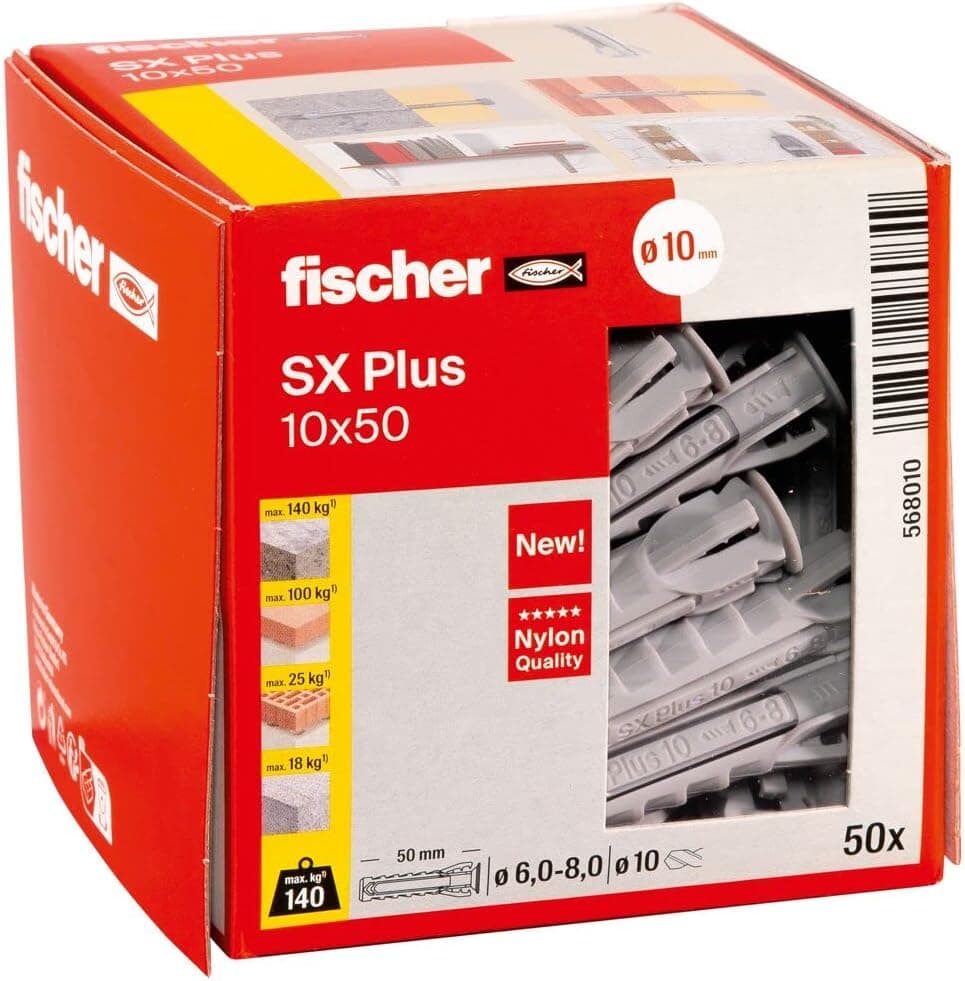 fischer 568010 - Taco de expansión SX Plus 10x50, caja con 50 anclajes de nylon, anclajes para una sujeción óptima al fijar en hormigón, ladrillo macizo, ladrillo perforado y mucho más 10 x50 Taco de expansión SX Plus (nueva versión) Sin Tornillo