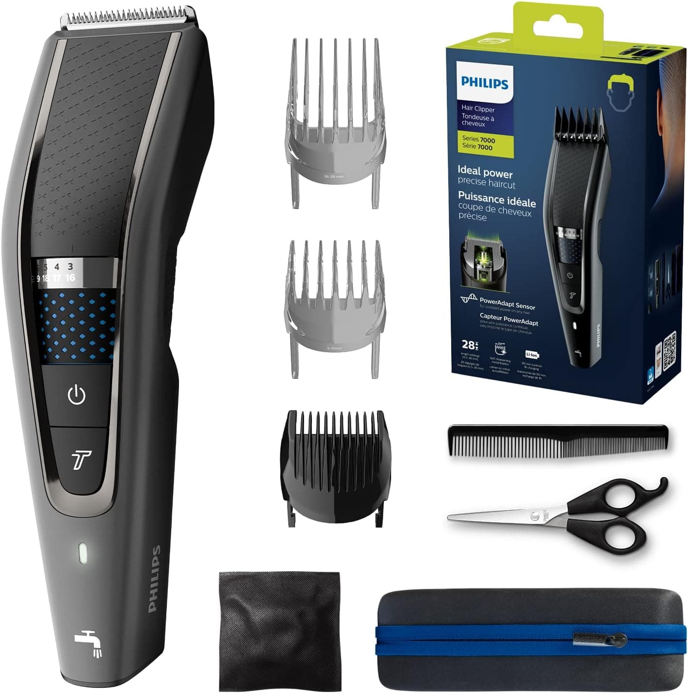 Philips Corta-pelos com lâminas de titânio, 3 pentees-guia, 28 configurações de comprimento, 90 min de uso sem cabo, inclui capa de viagem, cor preta