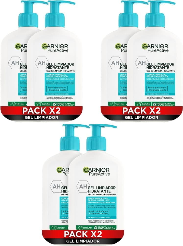 Garnier Pure Active Pack x2 gel de limpeza hidratante com ácido hialurónico , cerâmica e argila, elimina as impurezas, gordura e maquilhagem, 250 ml x 6