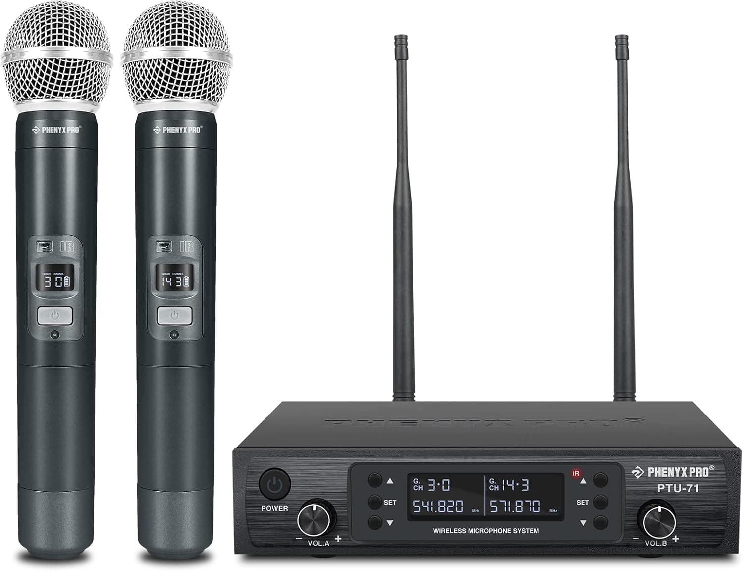 Phenyx Pro Sistema de microfone sem fios profissional, w / 2 de mão, digitalização automática, 2 x 100 frequências UHF, alcance de 328 pés, microfone dinâmico para cantar, karaoke, igreja (PTU-71-2H)