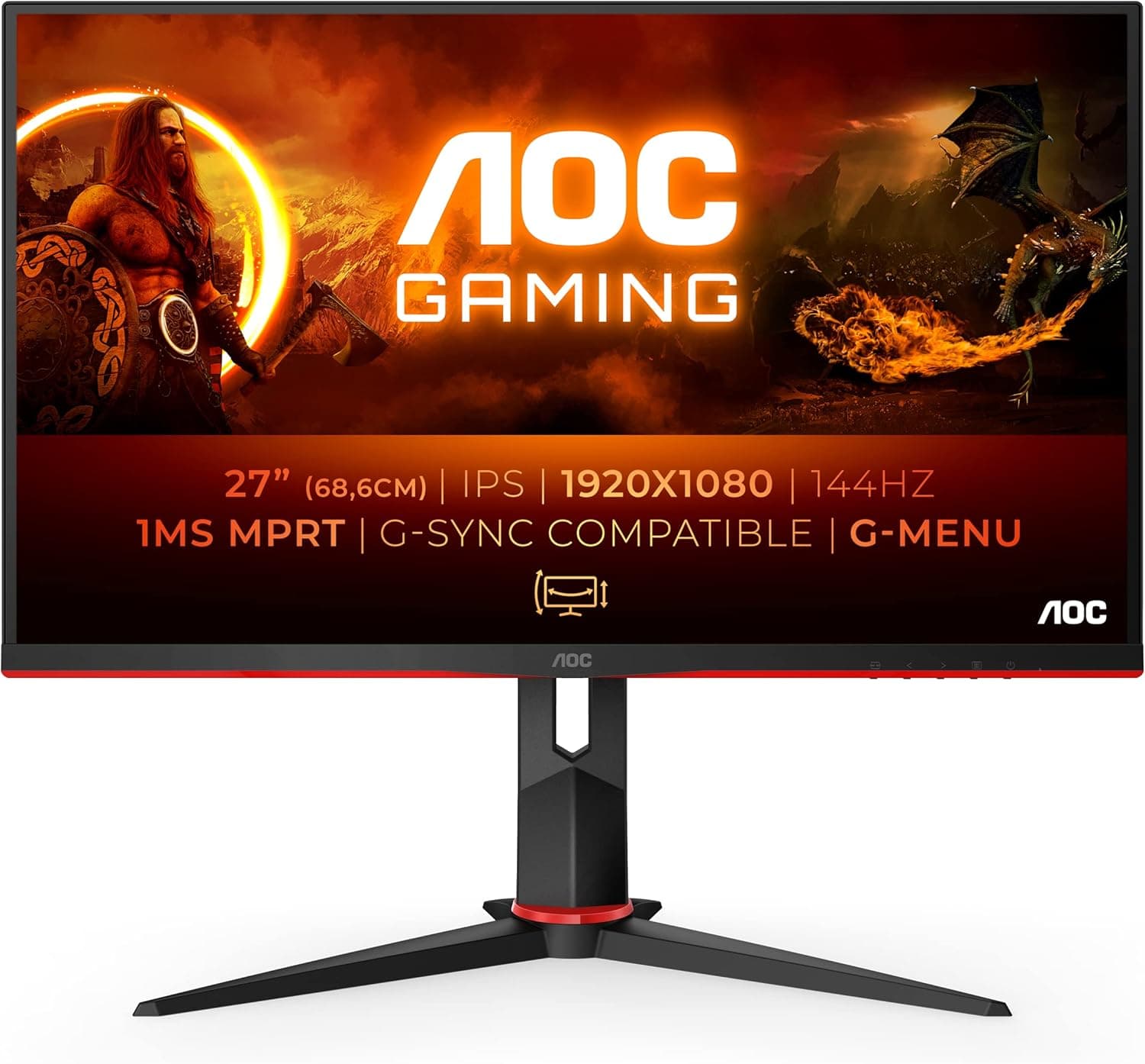 AOC Gaming 27G2: monitor FHD de 27 polegadas, 144 Hz, 1 ms (1920 x 1080, HDMI, DisplayPort, Free-Sync), preto/vermelho