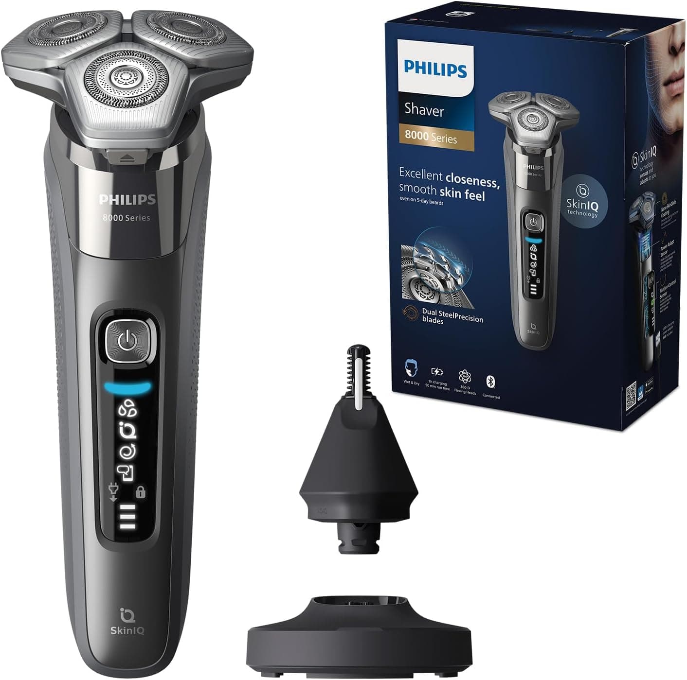 Philips Série 8000 máquina de barbear elétrica para homem, máquina de barbear com aparador, 72 lâminas, 50 min de uso, seco e húmido, recarregável, base de carregamento, nariz, S8697/23, cinzento