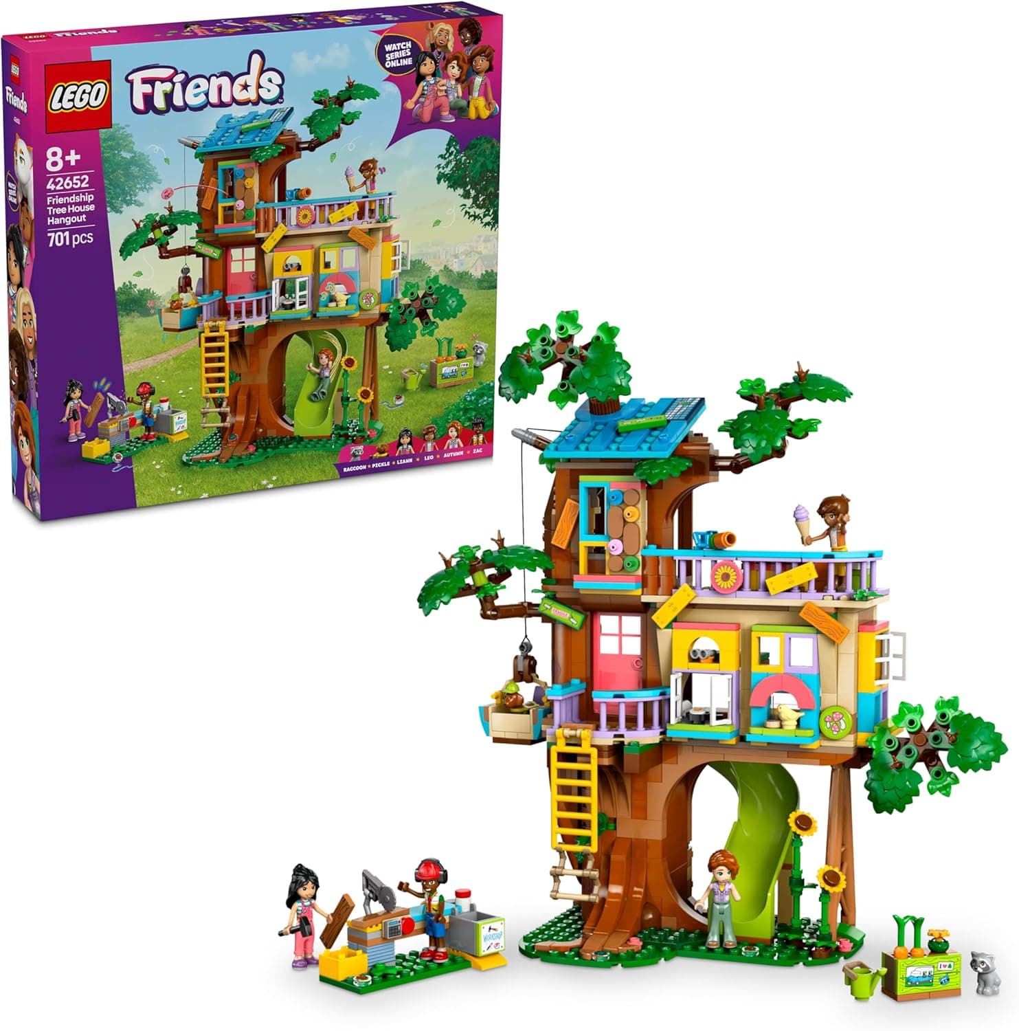 LEGO Friends Ficada na casa da árvore da amizade com animais e ferramentas de brinquedo para meninas de 8 anos, presente de Páscoa, 4 mini bonecas (Liann, Autumn, Leo e Zac), cão e guaxinim 42652