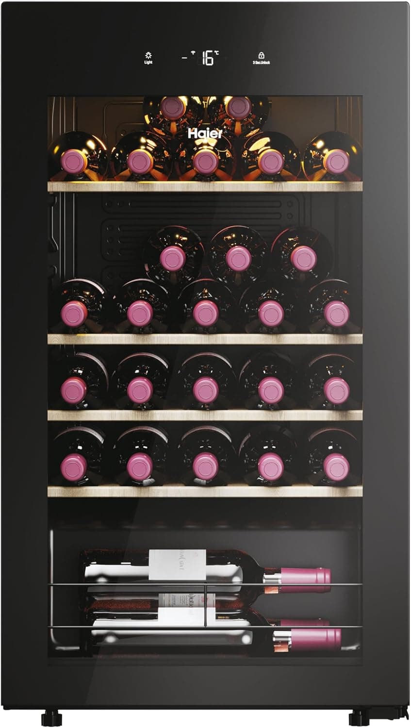Haier Wine Bank 50 Series 3 HWS34GGH1 Vinoteca 34 garrafas, WIFI, prateleiras de madeira, filtro anti-UV, filtro de carvão, ecrã digital, iluminação LED, silenciosa 37 dbA, preta
