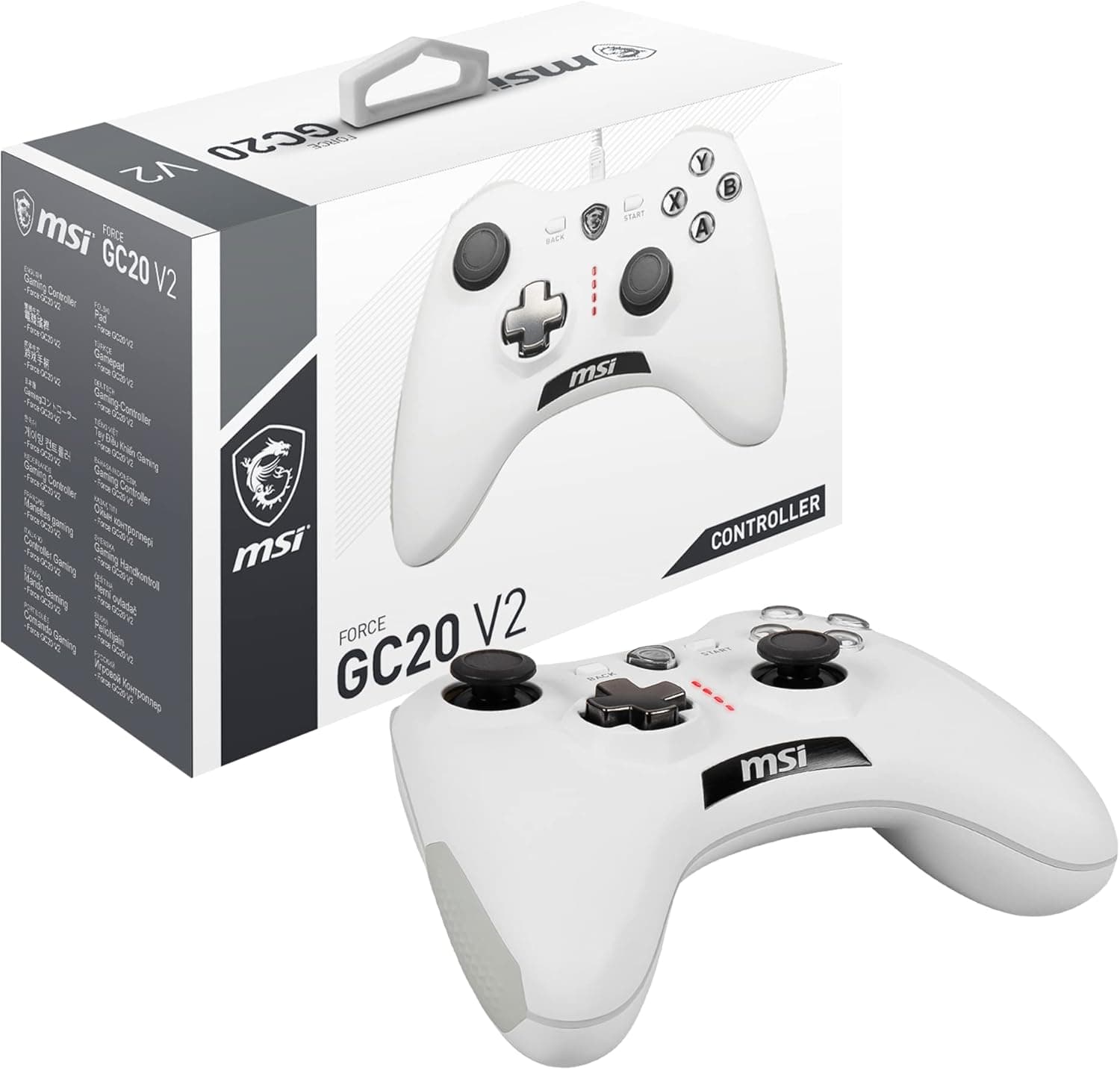 MSI FORCE GC20 V2 WHITE | Comando com fio para PC com D-Pad intercambiável e vibração dupla
