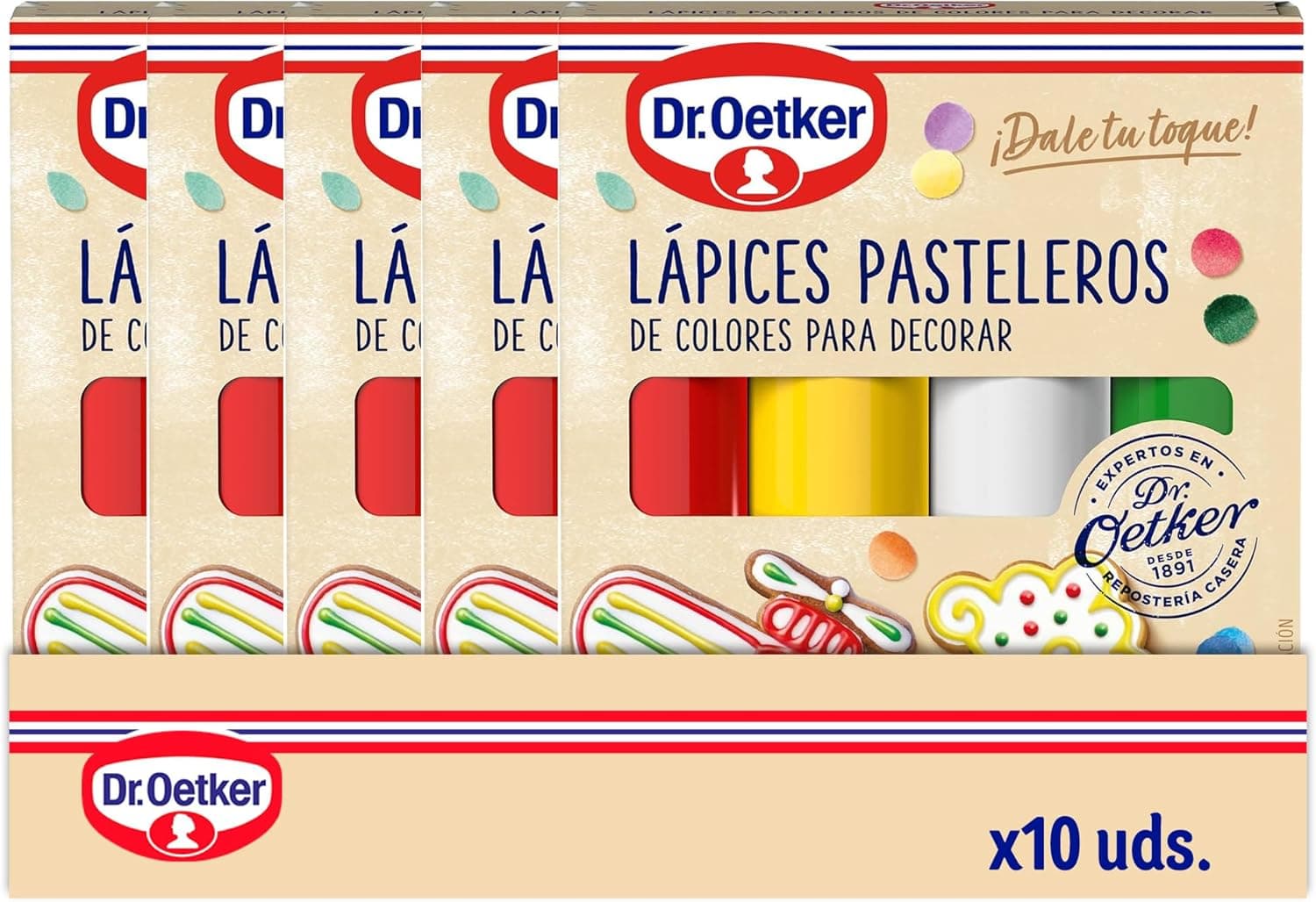 DR. OETKER - Embalagem de 10 unidades de 4 lápis pasteleiros coloridos, para substituição, cor amarela, vermelho, verde e branco, decorar bolos, bolachas e cupcakes, fácil aplicação