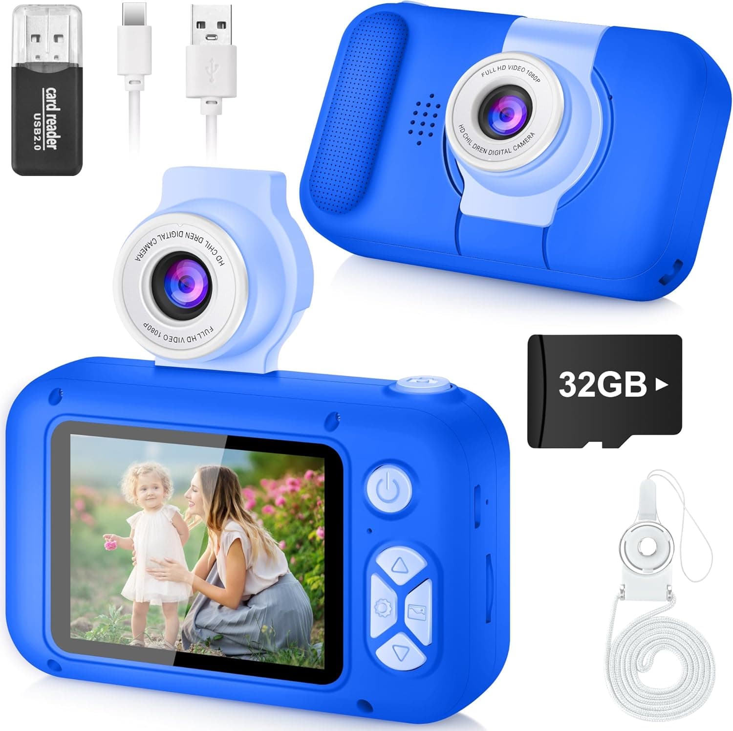 ARNSSIEN Câmara com fotos infantis, câmara de fotos para crianças com lente de 180°Flip e ecrã IPS 2,4 polegadas, brinquedo de aniversário para meninos e meninas de 3-12 anos, cartão de 32 GB, X101