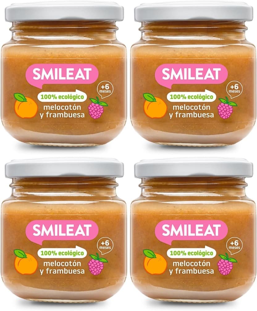 Smileat Melocotão e Framboesa | Puré de fruta biológico para bebés a partir dos 6 meses sem açúcar adicionado 130 g