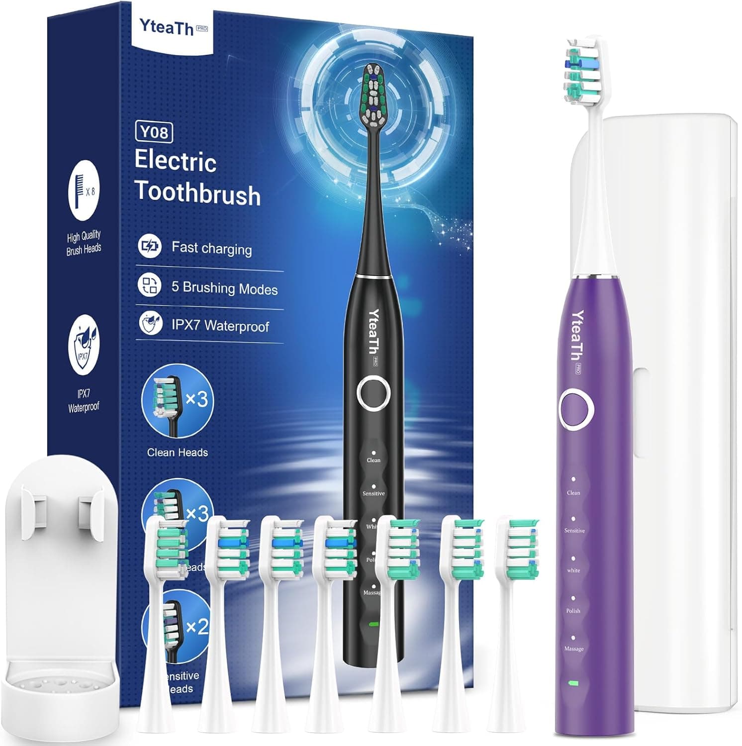 Escova de dentes elétrica sónica mulher com 8 cabeças - escova elétrica sónica para adultos com estojo, 5 modos, IPX7 impermeável, escova de dentes elétrica viagem recarregável, roxo escuro